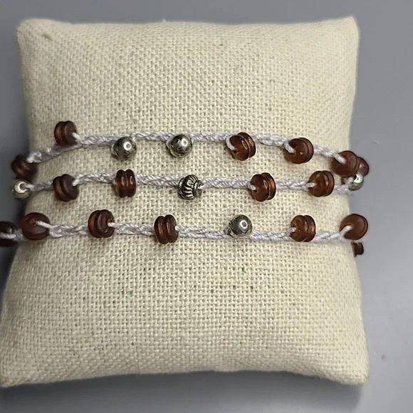 Men's Double Wrap Bracelet Light Gray Silver Brown Beads Handmade Everyday Basic - Picture 1 of 5
